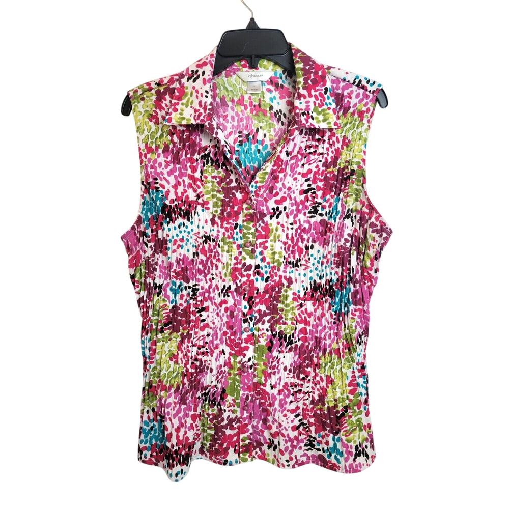 CJ Banks Pink‎ Green Spotted Button Front Pleated Sleeveless Top Women's Size X